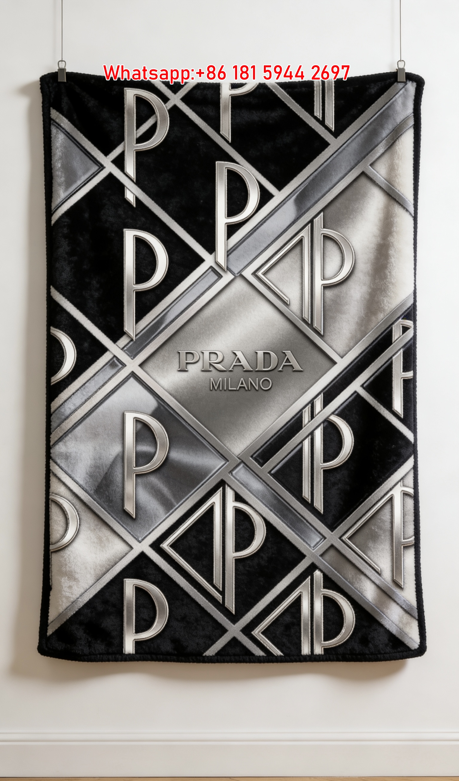 Prada Black Silver Metallic Logo Print Flannel Throw Blanket IMG_2722